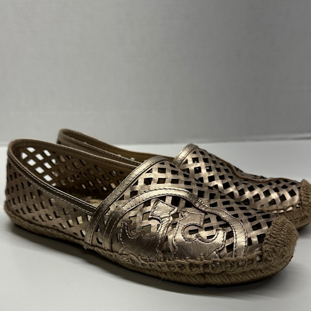 Tory Burch Thatched Perforated Laser Cut Leather Espadrille Shoe Gold Metallic 8